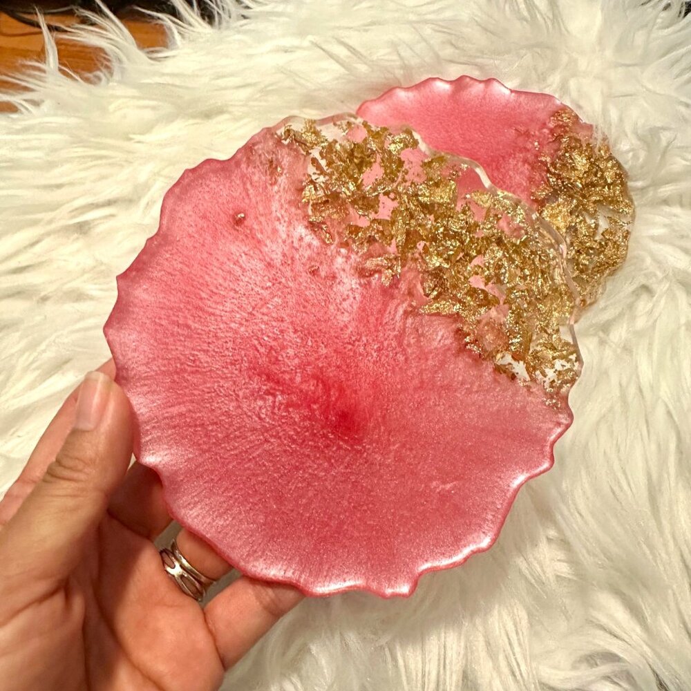 2-Piece Handmade Pink & Gold Resin Agate Coasters Glam Glitter Gift Home Decor